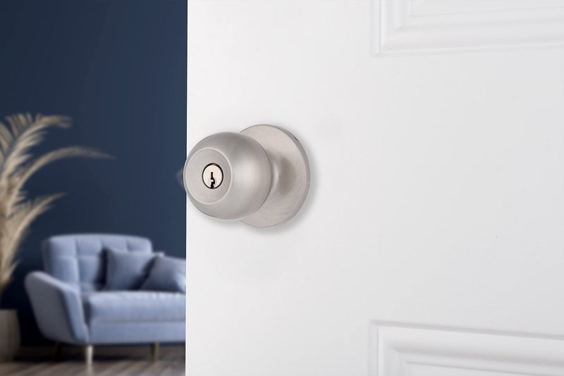 BRINKS Transitional Keyed Entry Door Knob - Satin Nickel Exterior Door Lock Set, Seamlessly Blends with Interior Décor, 1 Pack