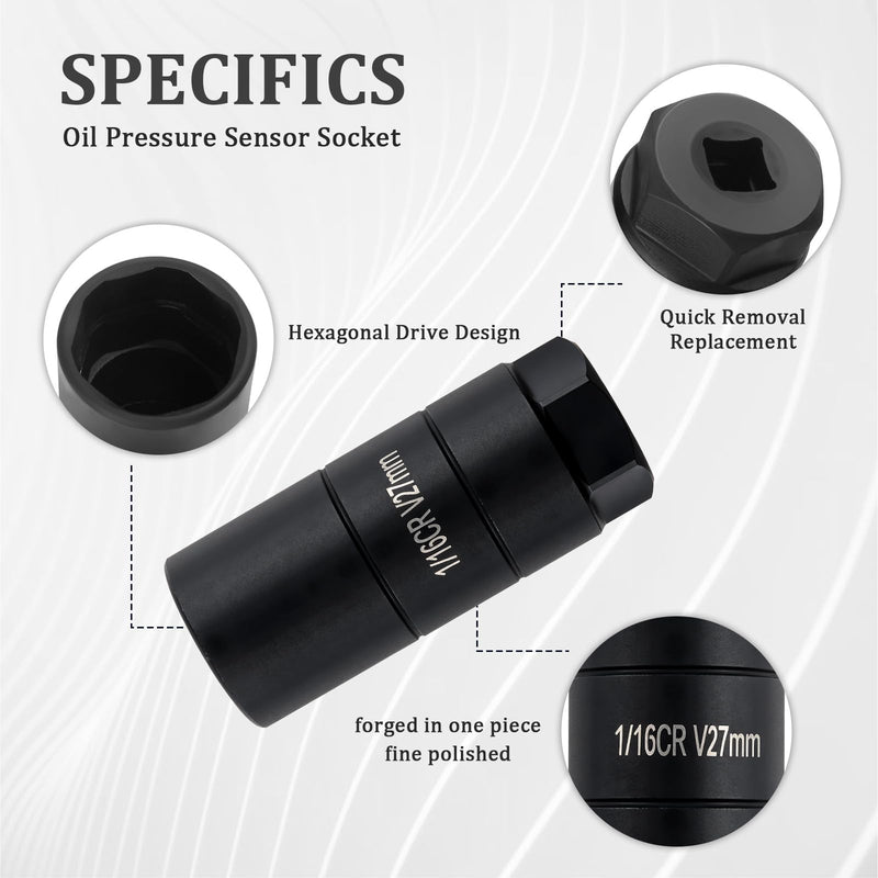 Oil Pressure Sensor Socket,Hexagonal Drive-27mm Socket for Removing Oil Sending Unit,Heavy Duty Chrome Molybdenum Steel 1 1/16 Sockets Fits 3/8"Drive,1 1/8"Hex Wrench (Black) Black