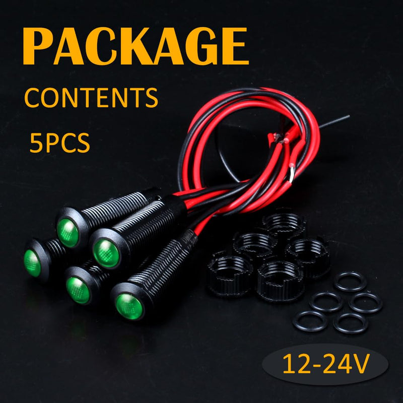 5pcs 8mm LED Indicator Light Plastic Black Signal Dot Lamp 12V-24V 5/16" Mounting Hole Size with 15cm/5.9in. Wire (Green LED) Green 8mm 12-24V