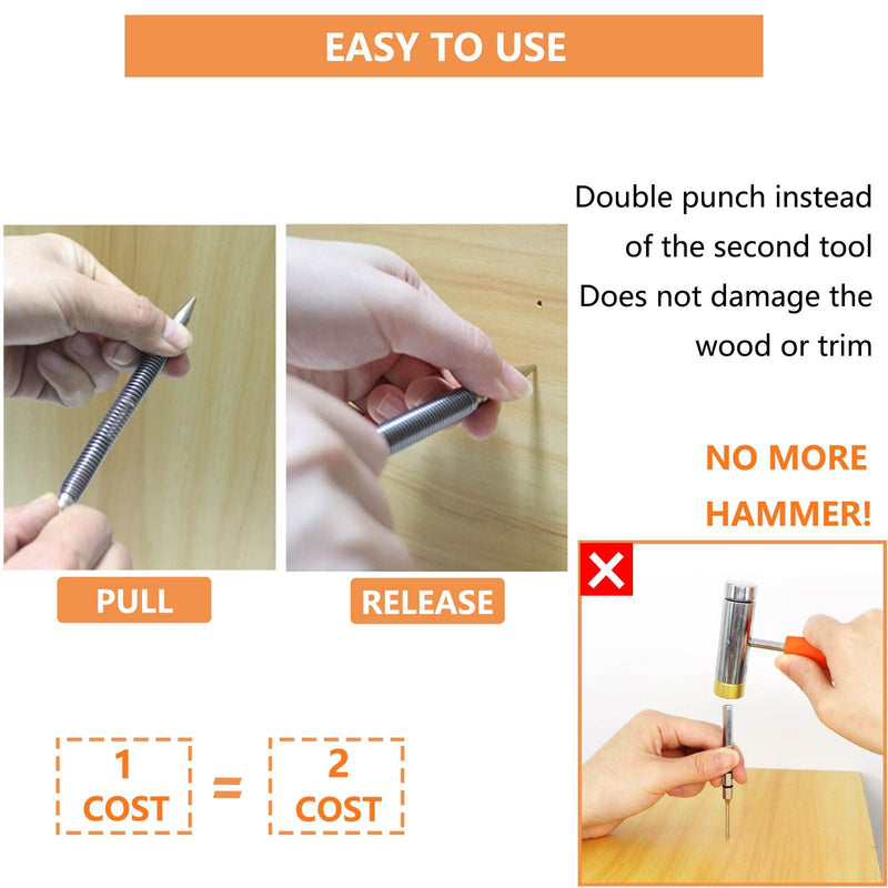 2-Piece Dual Head Combo Nail Setter, Double Ended 3/32″& 1/8″Spring Nail Set, 3500 PSI Striking Force Hammerless Nail Set Punch Nail Pullers