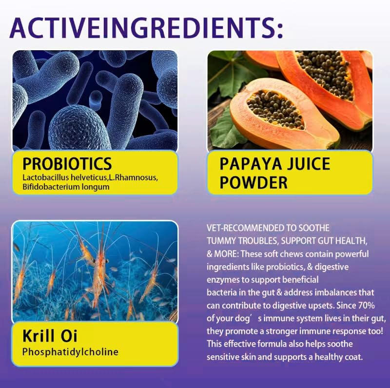 Probiotics for Dog 200 chews,Enzymes and Gut Support,Anti-Diarrhea,Promotes Digestive Health,Seasonal Allergies,Immune System,Probiotics with Papaya, Pumpkin, and Krill Oil- Vet Approved