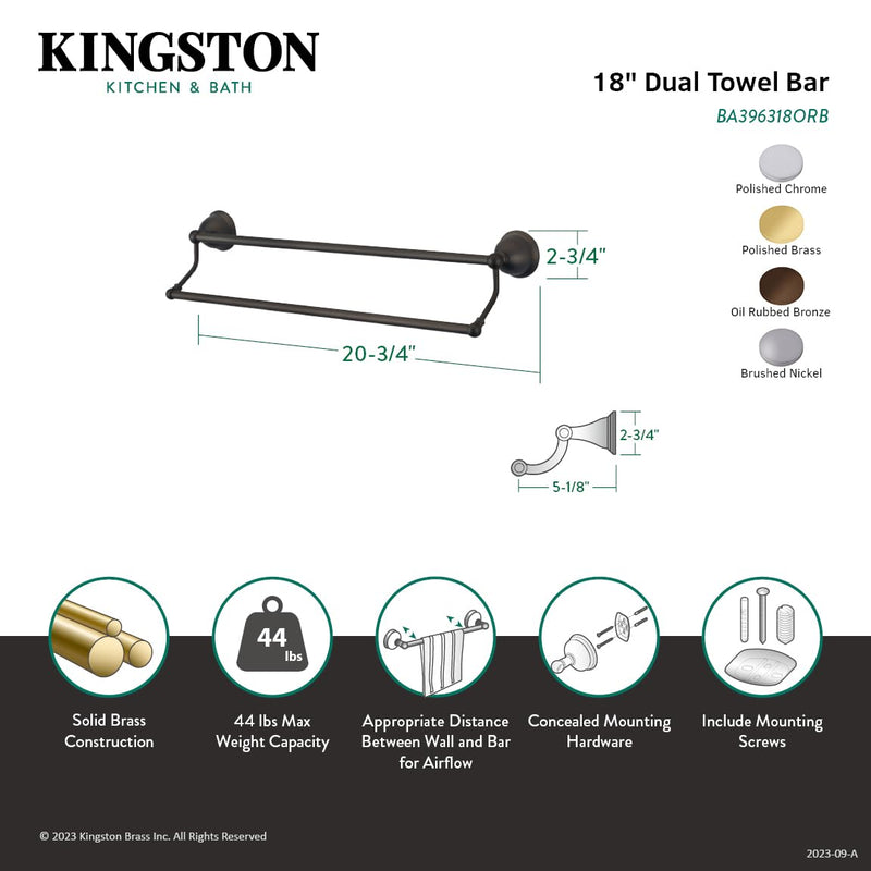 Kingston Brass BA396318SN Restoration Dual Towel-Bar, 18-inch length, Brushed Nickel