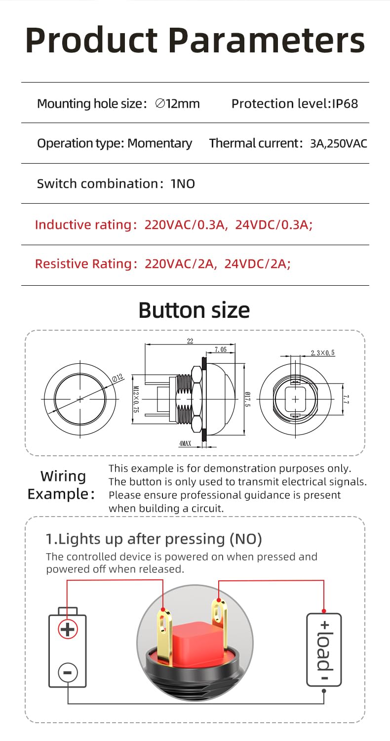 5pcs 12mm Momentary Push Button Switch Mini Round Switch IP68 Waterproof Gold-Plated Insert One Normally Open 3A 250V AC SPST NO 2 Pin PBS-33B (Red) Red
