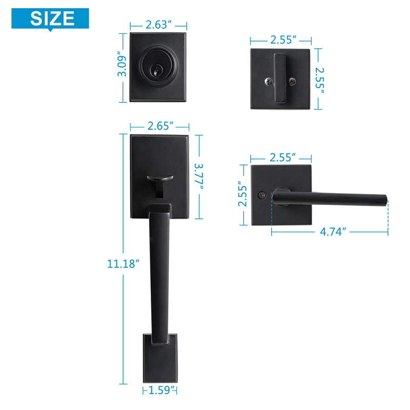 NeuType Front Door Handle Sets with Deadbolt Entry Door Locksets Single Cylinder HandleSet with Straight Handle Lower Half Grip, Black