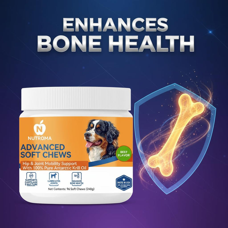 Advanced Soft Chews for Dogs – Hip & Joint Mobility Support with Antarctic Krill Oil, Eggshell Membrane & Hyaluronic Acid – 96 Chews (Beef) Beef