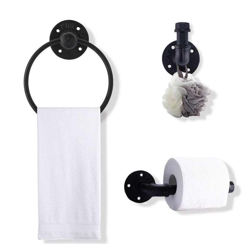 HighFree Industrial Pipe Bathroom Hardware Set, Matte Black Wall Mounted Hardware Accessories, Farmhouse Toilet Paper Holder, Towel Ring for Bathroom (Paper Holder+Towel Ring+Hook)