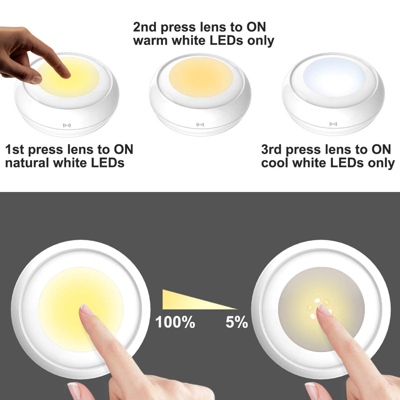 LUXSWAY Battery Powered Push Lights, Wireless Puck Lights, Dimmable Under Cabinet Lights with Nature/Warm/Cool Light, Remote Control Stick on Lights for Closet Cabinet Stair,Timer ON/OFF- 4Pack