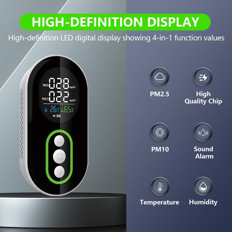 LSENLTY 4 in 1 PM 2.5 and PM 10 Air Quality Monitor(Temp/Humidity/PM2.5/PM10), Portable PM 2.5 Detector with Alarm Function, 0~1000 UG/m³ Detector Range Air Quality Monitor for Home, Office, School