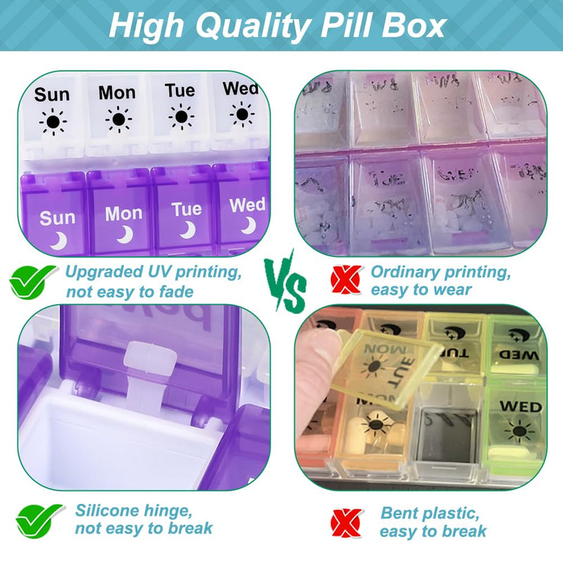 Shintop Am Pm Pill Organizer 7 Day, Push Button Weekly Pill Box 2 Times Removable Lid Medication Case Easy Fill Day Night Vitamin Container for Fish Oil Supplements (Purple & White) Purple & White