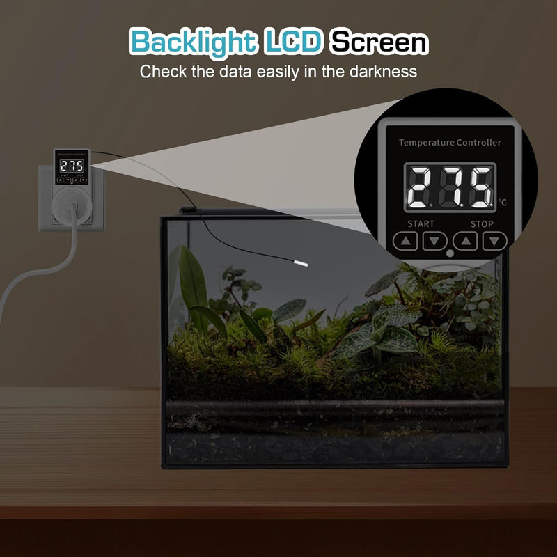 Digital Thermostat Plug Socket, Only Celsius Display LCD Screen Temperature Controller with Waterproof Sensor Probe, Heating Cooling Temperature Switch Outlet for Reptile Greenhouse Terrarium