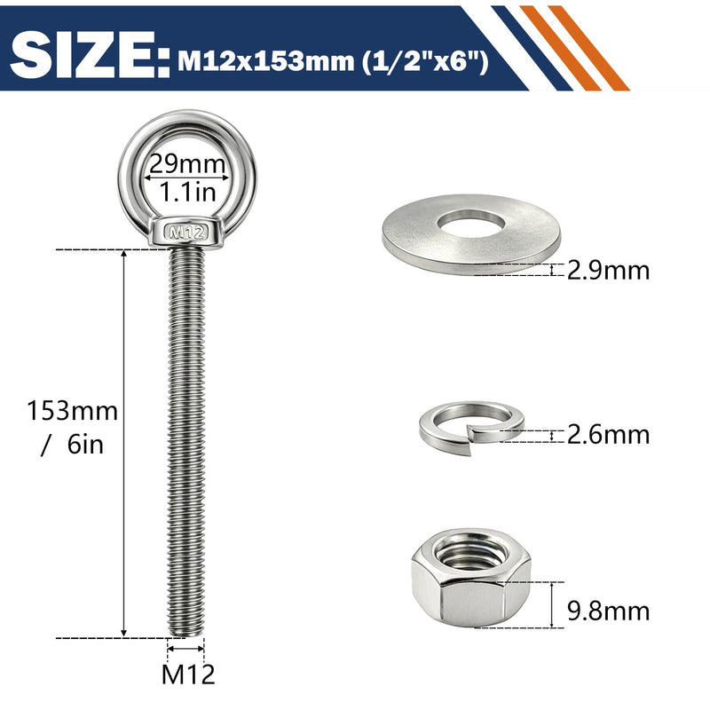4 Pack M12 Stainless Steel Eye Bolts with Nuts, 1/2"x6" Long Lifting Ring Eye Bolt,Eye Bolts Heavy Duty for Hang Tie Down Outdoor (4, M12x153mm (1/2"x6")) M12x153mm (1/2"x6") 4