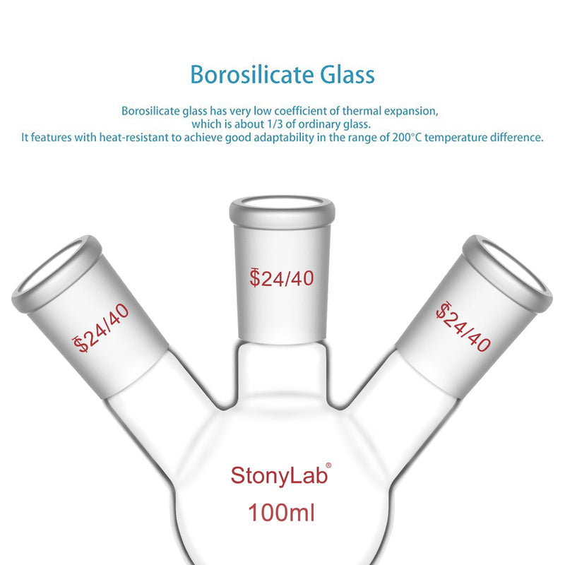 stonylab 3 Neck Flat Bottom Flask, High Borosilicate Glass, 24/40 Standard Taper Joint, Chemistry Laboratory Reaction Flask, 100 ml Capacity