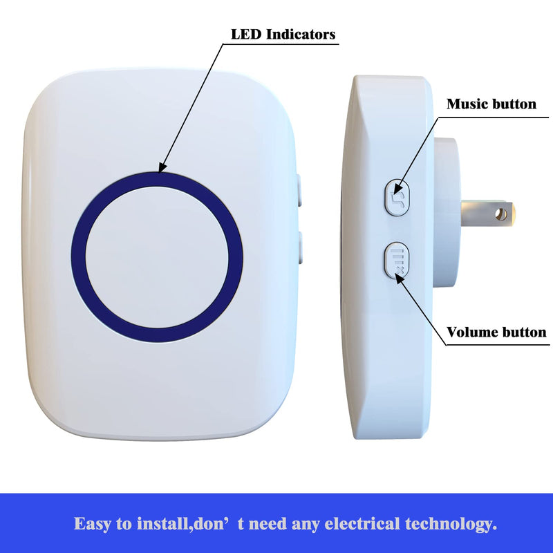 Wireless Doorbell, 1,000ft Range Loud Enough Doorbell Chime，5 Volume Levels and 52 Door Chimes With LED Flashing (White Big Button) White Big Button