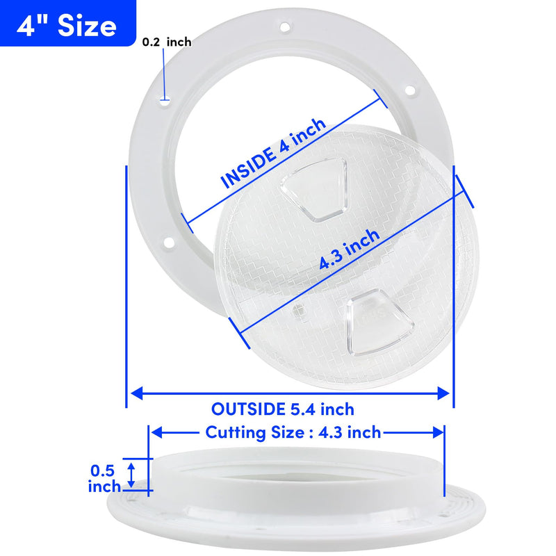 Boat Hatch Deck Plate - Marine Access Hatch Round with Detachable Cover for RV Marine Boat Kayaks Yacht - Boat Hatch Cover Circular Non Slip Inspection Hatch with Screws(White Transparent(4",6",7.2" ) 4inch White
