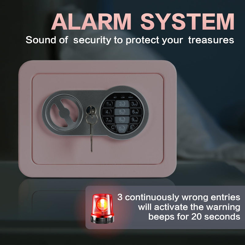 0.23 Cubic Feet Safe Box, Small Safe W/Fireproof Bag, Keys & Pass Code, Digital Electronic Security Money Box for Cash, Document, Home, Office, Hotel Use, Pink, 6.69"D x 9.06"W x 6.69"H 0.23 Cubic Feet