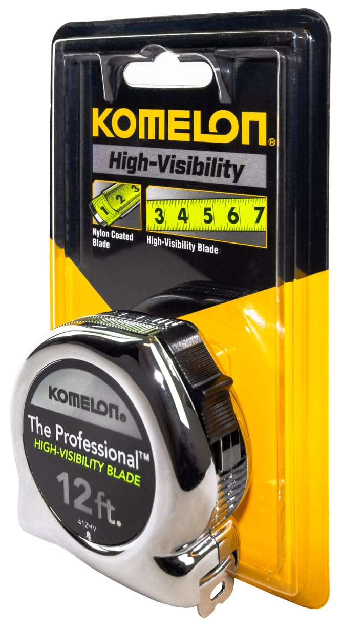 Komelon 412HV High-Visibility Professional Tape Measure, 12-Feet by 5/8-Inch, Chrome, Yellow, 12ft - Blade 3.7 m