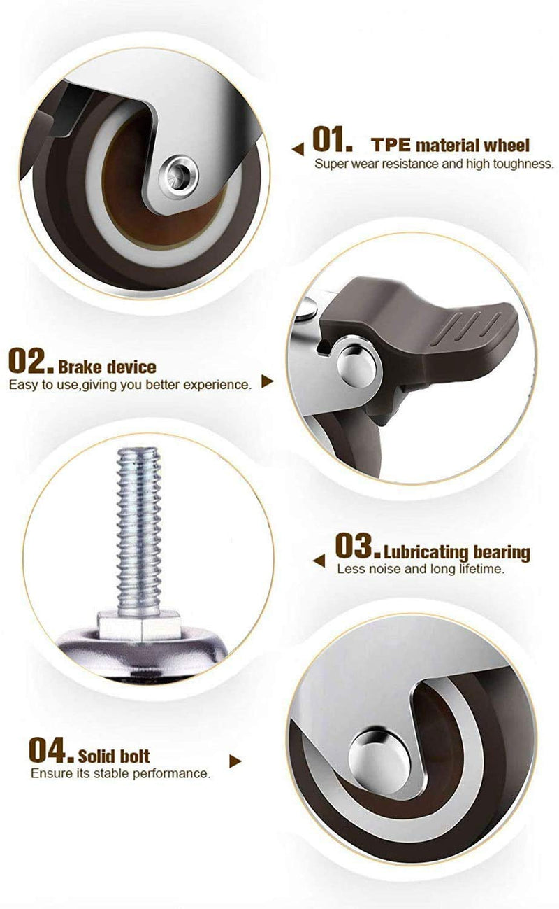 GBL 1" inch Small Caster Wheels with 2 Brakes -1/4" -20 x 3/5" (Stem Dia. 1/4", Length 3/5") - 90Lbs - Low Profile Castor Wheels with Brakes - Set of 4 No Floor Marks Silent Casters - Mini Wheels