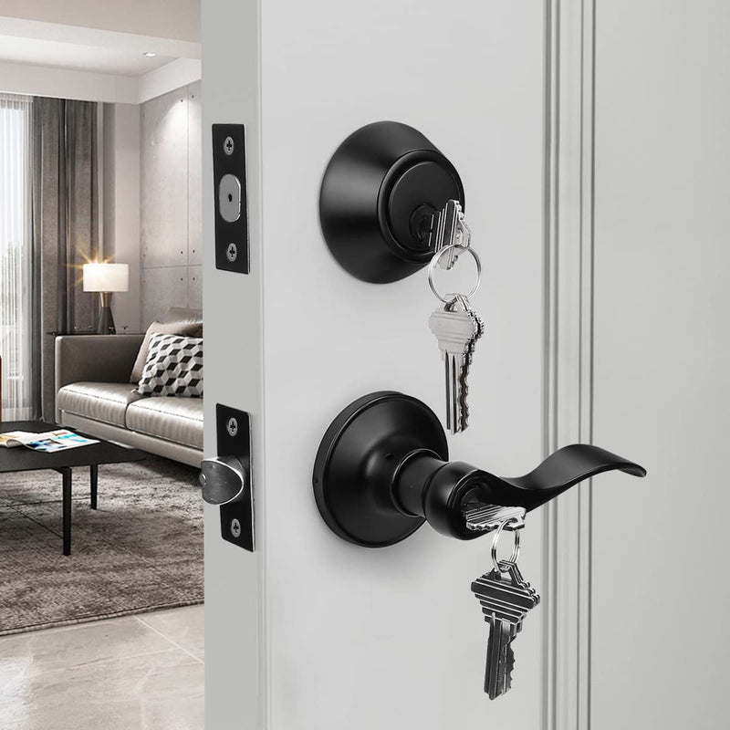 1Pack Exterior Door Lever Lockset with Single Cylinder Deadbolt Black Door Handle with Deadbolt Lock Set Keyed Alike, Matte Black Finished 1 Pack