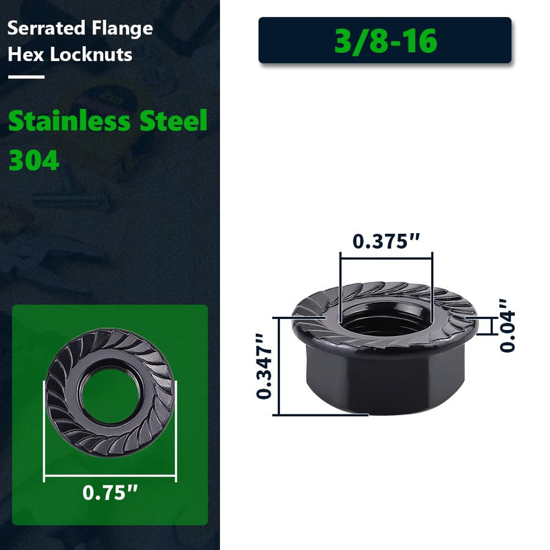 3/8-16 (12 Pack) Serrated Flange Hex Nuts, 304 (18/8) Stainless Steel Flange Nuts, UNC Coarse Thread Flange Hex Locknuts, Black Coated 3/8"-16 12