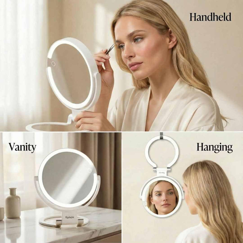 Fancii Travel Magnifying Mirror 10x /1x with Lights, Rechargeable | 9-Inch Extra Large LED Lighted Makeup Mirror, Folding Double Sided Portable Vanity Mirror, 3 Light Settings, Touch Sensor (Sadie)