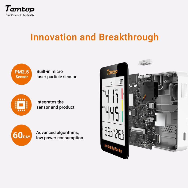 Temtop Air Quality Monitor Indoor Thermo-Hygrometer - PM2.5, AQI, Temperature, and Humidity Meter for Home, Office, or School, Air Quality Measurement, 60-Day Battery Life 2 Modes/Extended Standby 1 - NewNest Australia