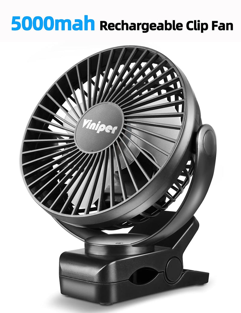 Viniper 6 inch Rechargeable Clip on Fan, 5000mah Battery Desk Fan : 360° Rotation & 3 Speeds Strong Wind Portable Fan, 8-30 Working Hours, Quiet and Powerful (Black) Black 5000mah Clip fan