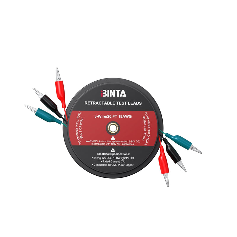 BINTA 3 Wire 20 Ft Retractable Test Leads, Red/Black/Blue Alligator Clip Test Leads, 18 AWG Gauge Wire for Electrical Testing, Cars, Trailers