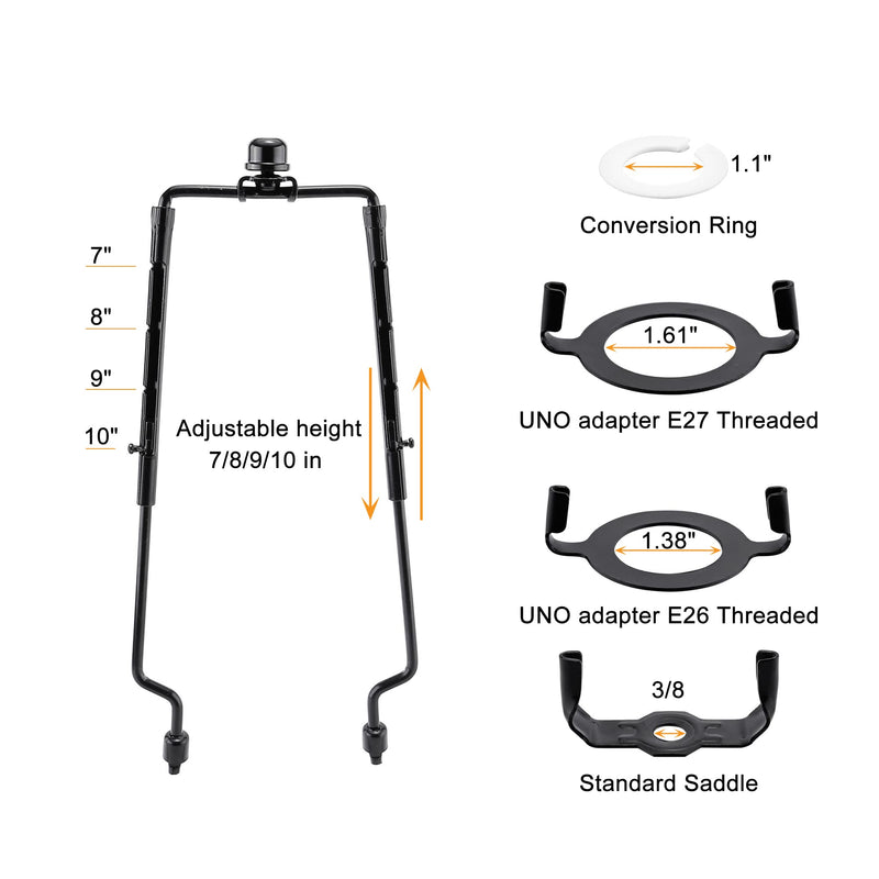 Mornajina 7 8 9 10 inch Lamp Shade Harp Holder, Adjustable Lamp Harps and Finals, Fit both Standard Lamp Rod and E26 E27 Light Base UNO Fitter Adapter Converter Finial Set (Black) Black