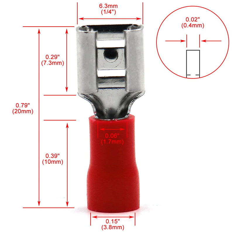 Baomain Female Quick disconnects Vinyl Insulated Spade Wire Connector Electrical Crimp Terminal 22-16 AWG 6.3mm 1/4" Red (100PCS) 100