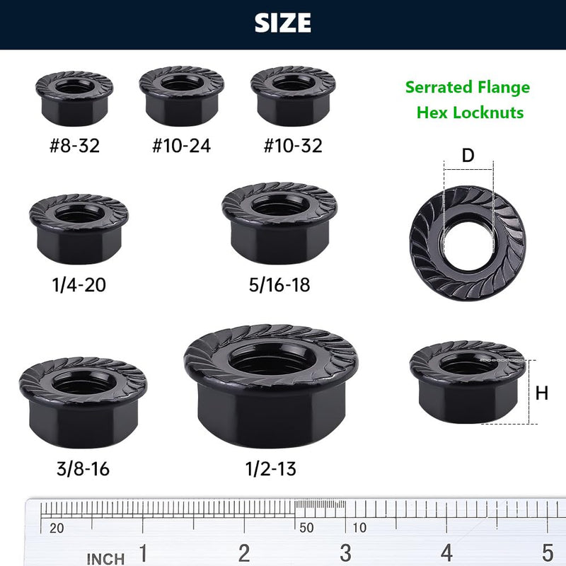 3/8-16 (12 Pack) Serrated Flange Hex Nuts, 304 (18/8) Stainless Steel Flange Nuts, UNC Coarse Thread Flange Hex Locknuts, Black Coated 3/8"-16 12
