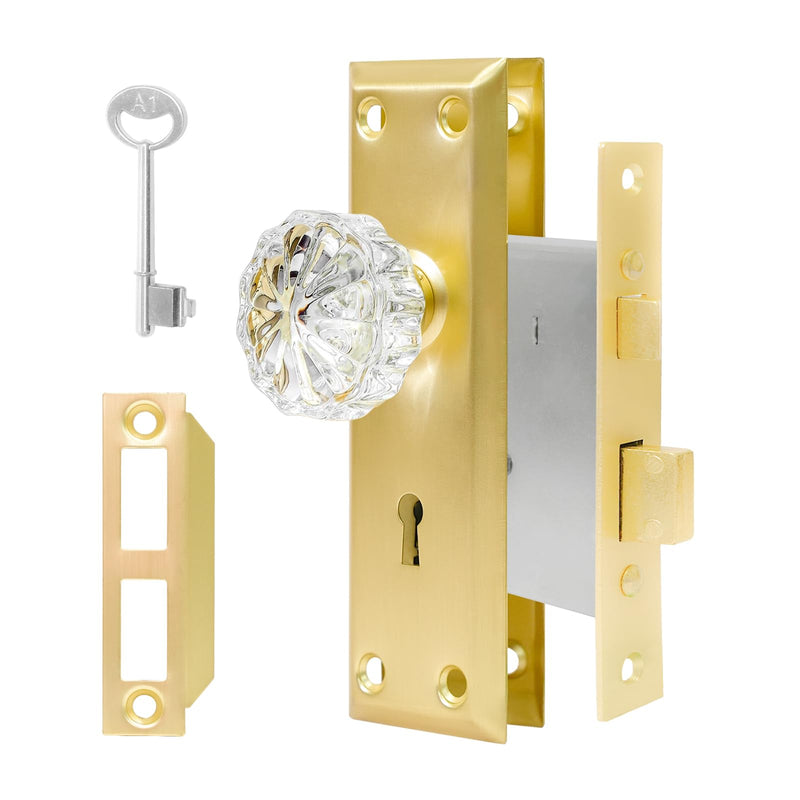 Mortise Lock Set with Crystal Glass Door Knobs for Interior Door Mortise Keyed Lock Replacement for Old Broken Door Knobs (Gold) Gold