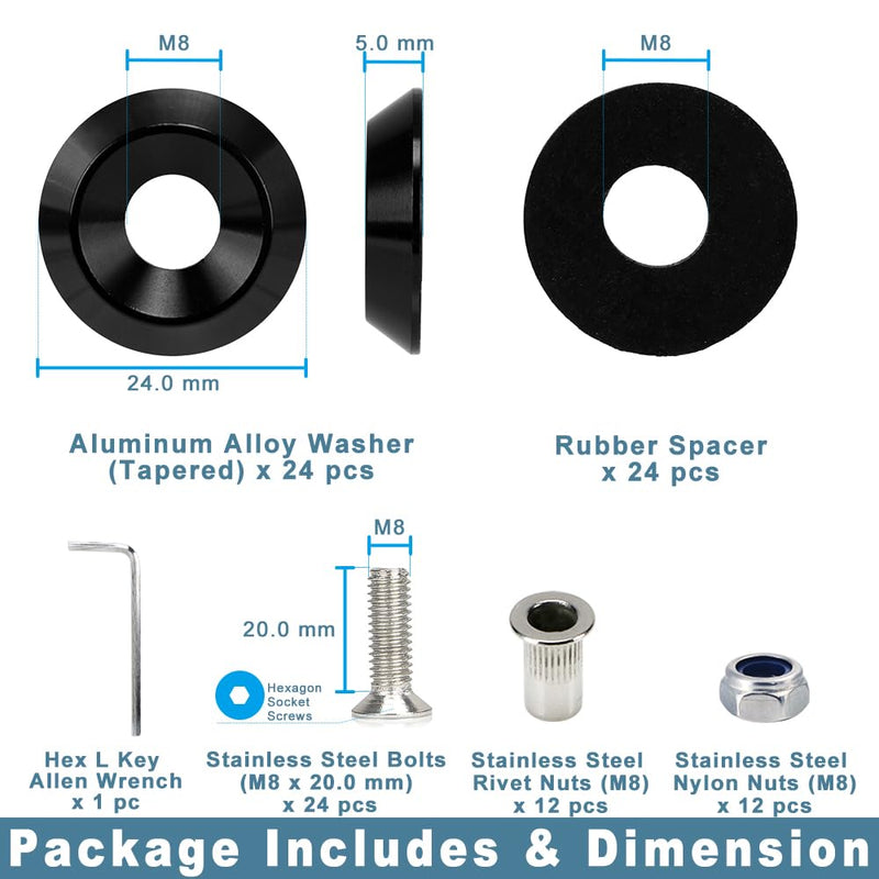 M8 24mm Aluminum Washer Bolt Kit for Exterior Bodykit Black | 24-set · engine bay dress-up · fender flares · bumpers · 5mm thick · rivet + nylon nuts · rubber spacers · CNC machined M8