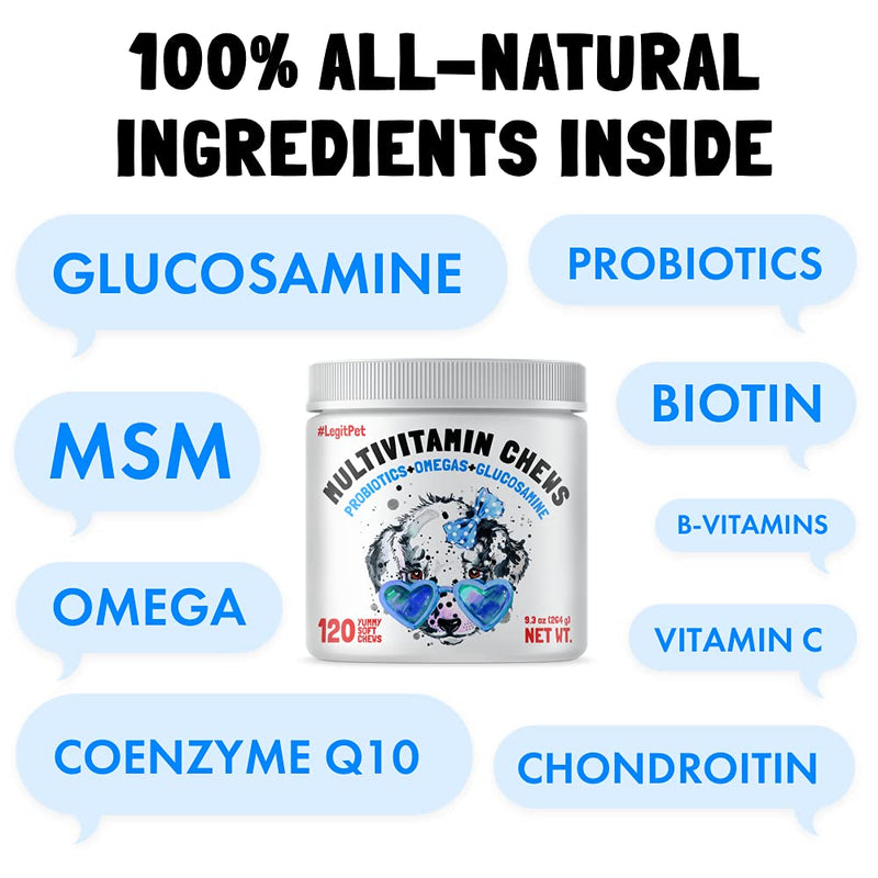 Dog Vitamins - 120 Multivitamins Chews w/Glucosamine Chondroitin, Probiotics Digestive Enzymes and Omegas - Supplement for Overall Health - Joint Support, Immune Health, Skin and Heart Health - PawsPlanet Australia