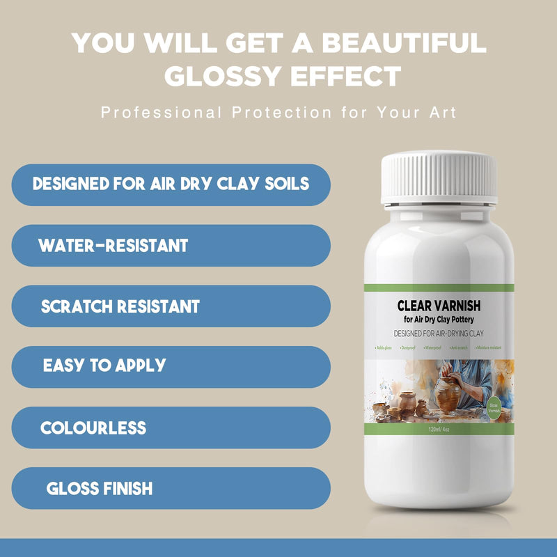 Air Dry Clay Varnish - Air Dry Clay Sealant for Airdry Clay - Clear Varnish for Air Dry Clay Pottery - Gloss Finish Clear Varnish for Pottery, Used to Prevent Clay Cracking, Scratches, Wear -120ml Gloss Varnish