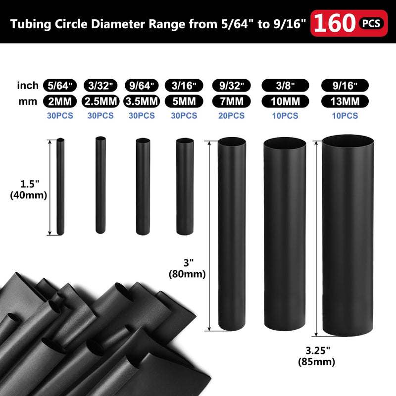 Chanzon 160 Pcs Heat Shrink Tubing Kit, 2:1 Black Heat Shrink Wrap Tubing with Length 1.5" 3" (inch), Polyolefin Sleeving 2 to 1 Heat-Shrink Tube 1.Black