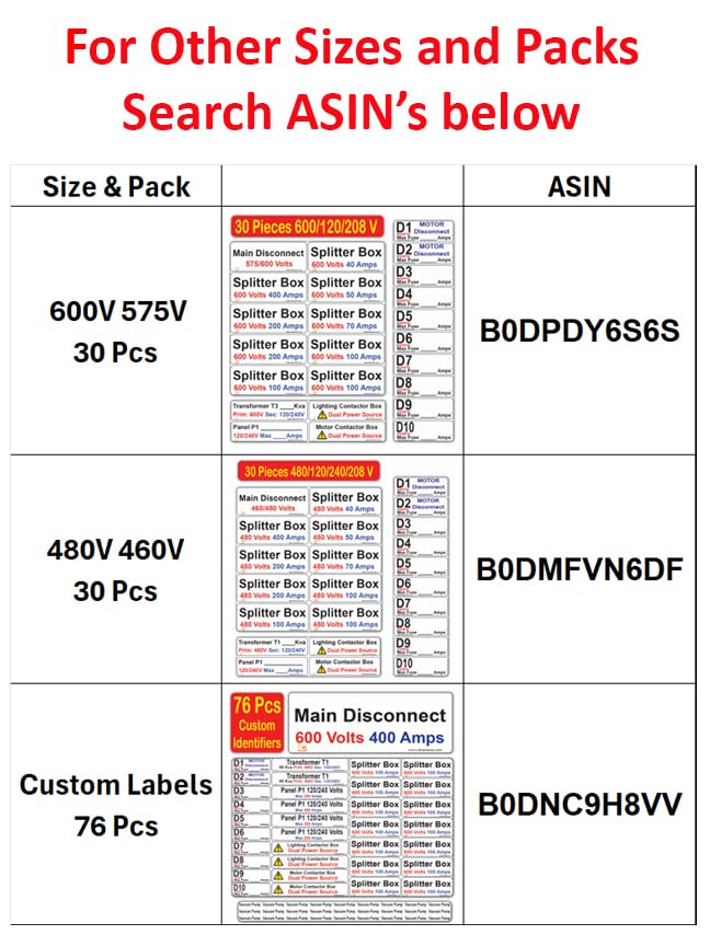 30 Pcs 480/460/240/208/120V Electrical Labels Stickers Decals Markers for Main Disconnect Splitter Transformer Panel Circuit Breaker Loadcenter Lighting Motor Contactor Box Vinyl
