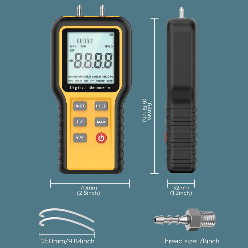 Manometer,Professional Air Pressure Meter Dual-Port Manometer Gas Pressure Tester,12 Selectable Units Differential Pressure Gauge HVAC Gas Pressure Meter(Included Battery) E2-QX1201(±20.68 KPa/士2.999 PSi)