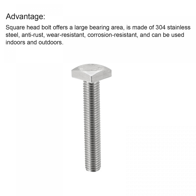 uxcell Square Head Bolt, M10x60mm Fully Thread 304 Stainless Steel Grade C Square Machine Screw