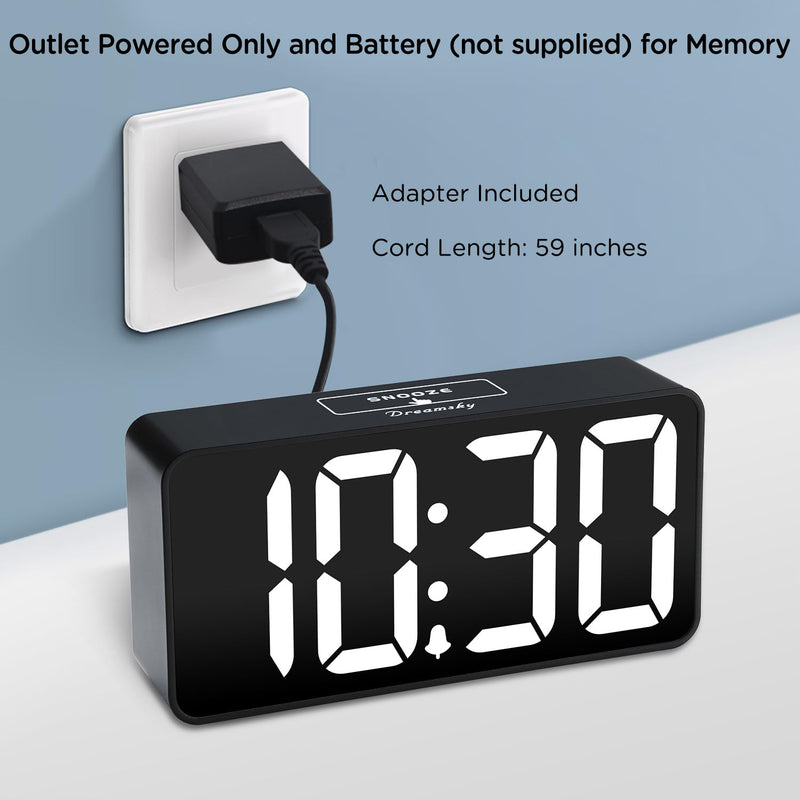 DreamSky Small Digital Alarm Clock for Bederoom, Large Big Numbers Display with Dimmer for Living Room, Electric Bedside Desk Clock with USB Charging Port, Adjustable Volume, USB-C Adapter Powered Black Case White Digits