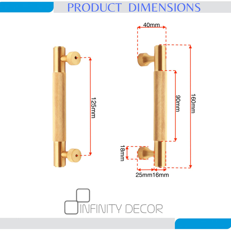 Infinity Decor Pair of Satin Brass Knurled Cabinet Drawer T Bar Pull Handle - 160mm Ideal for Kitchen Cupboard, Wardrobes, Interior Furniture Doors