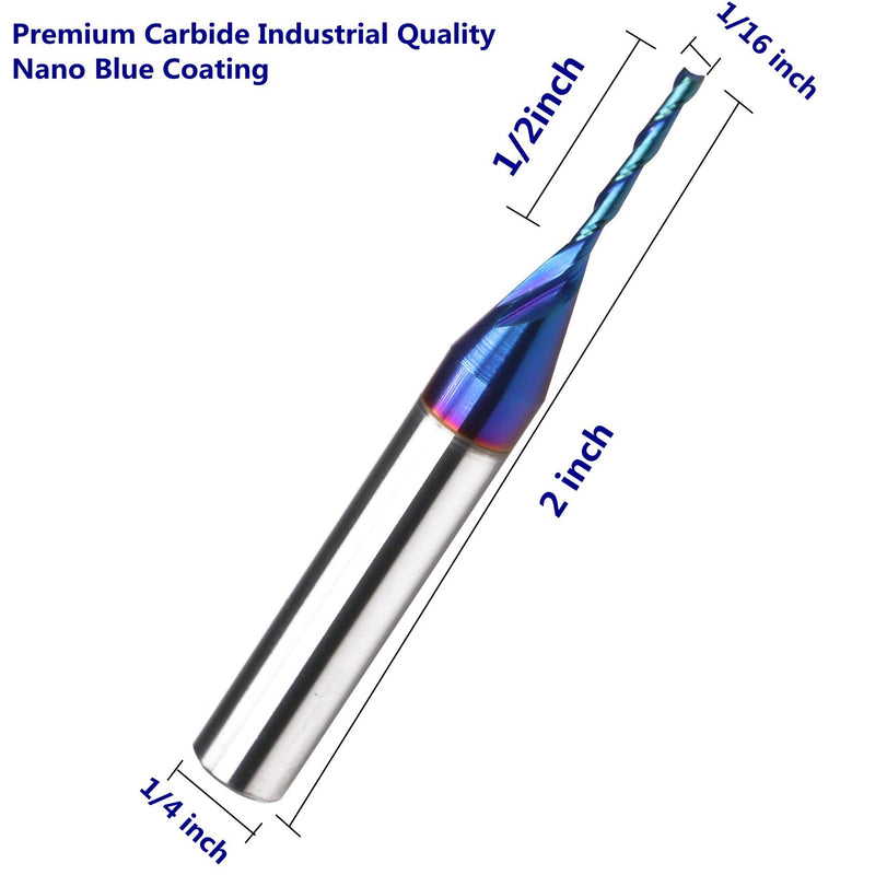 2PCS Upcut Spiral Router Bit 1/4 Shank 1/16 Inch Cutting Diameter 1/2 Inch CL 2 Inch OVL Solid Carbide with Blue NACO Coating CNC End Mill for Wood Engraving Carving HZU116 2pcs 1/16D*1/2CL*2OL
