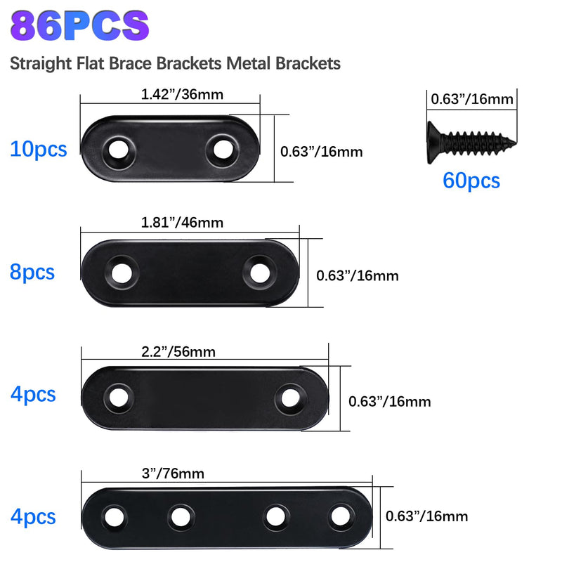 mxuteuk 86pcs Black Straight Flat Bracket,Stainless Steel Black Flat Brackets for Wood,Metal Mending Plate with Screws 36mm/46mm/56mm/76mm
