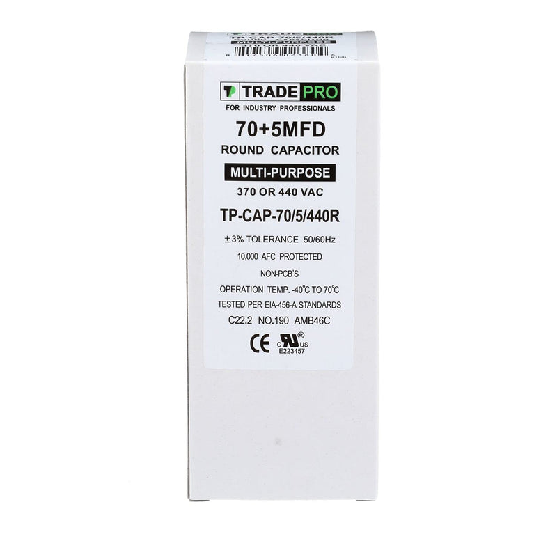 (TP-CAP-70/5/440R) 70+5 MFD (Microfarads) 440 Volt Round Dual Run Capacitor | 60,000 Hour Operating Life, Aluminum Composition, -40°F to 158°F (-40°C to 70°C) Temperature Range