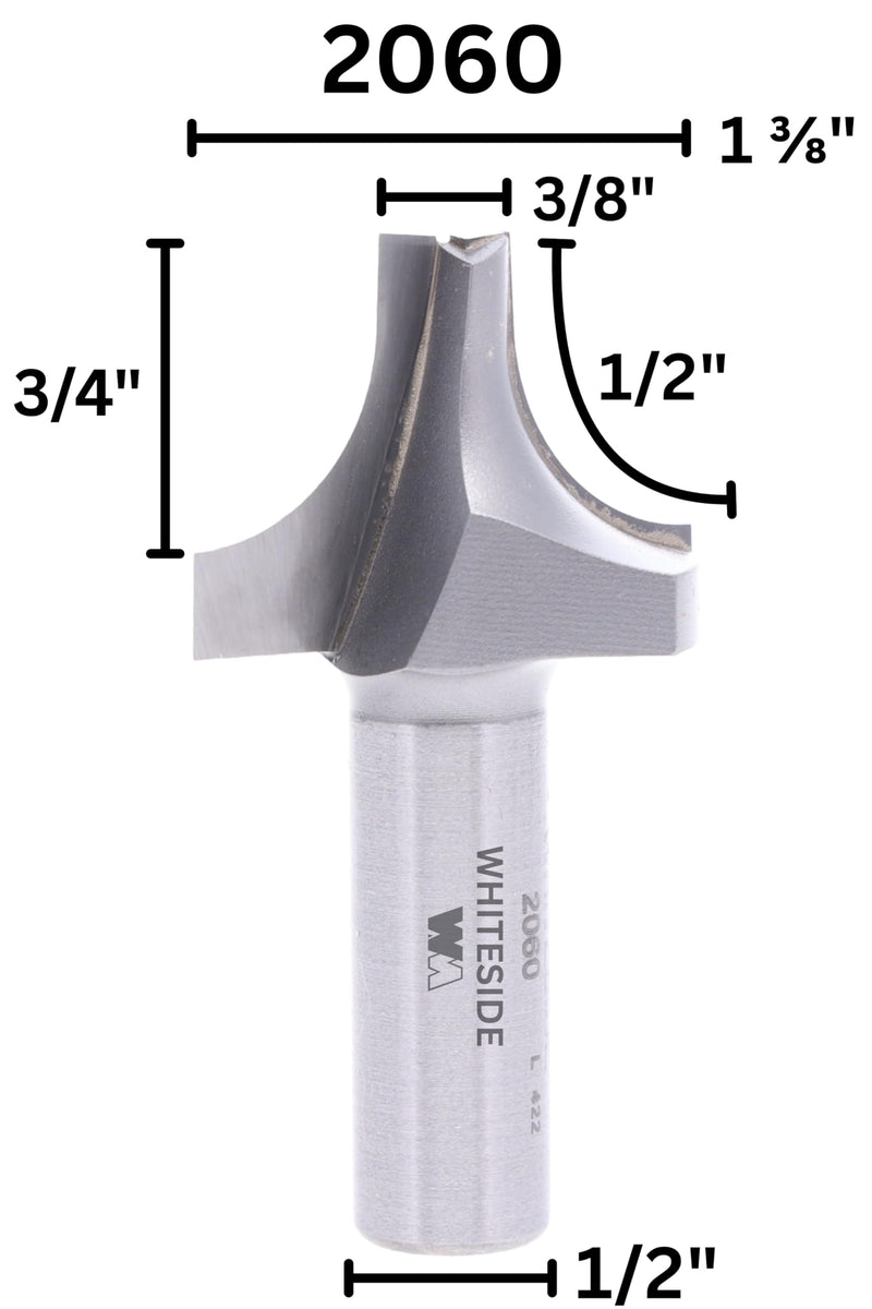 Whiteside Router Bits 2060 Plunge Round Over Bit with Plunge Point 1/2-Inch Radius and 1-3/8-Inch Large Diameter