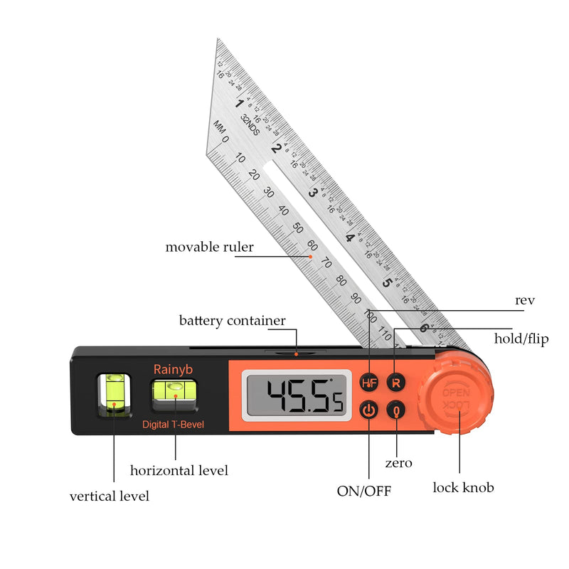Digital Angle Finder Protractor 0-360 Degree T-Bevel Gauge & Protractor with Horizontal Vertical Bubble & Full LCD Display for Woodworking, Metalworking, Construction 1 X T-Bevel Protractor