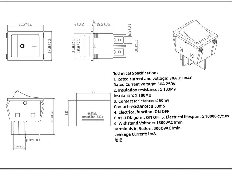 30A 250V KCD4 Rocker Switch DPST 4 Pin Red Lighted 120V Rocker Toggle Switch ON Off Heavy Duty T125-2Pack