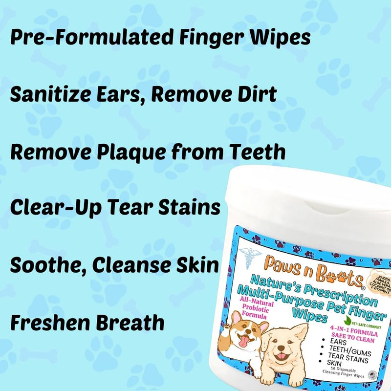 Multi-Purpose All-Natural Pet Finger Wipes, Organic, Safe, Non-Toxic Formulated Pre-Moistened Wipes. Remove Plaque & Whiten Teeth, Clear Ear Wax/Dirt Buildup, Soothe Dry Skin Folds, Remove Tear Stains - PawsPlanet Australia