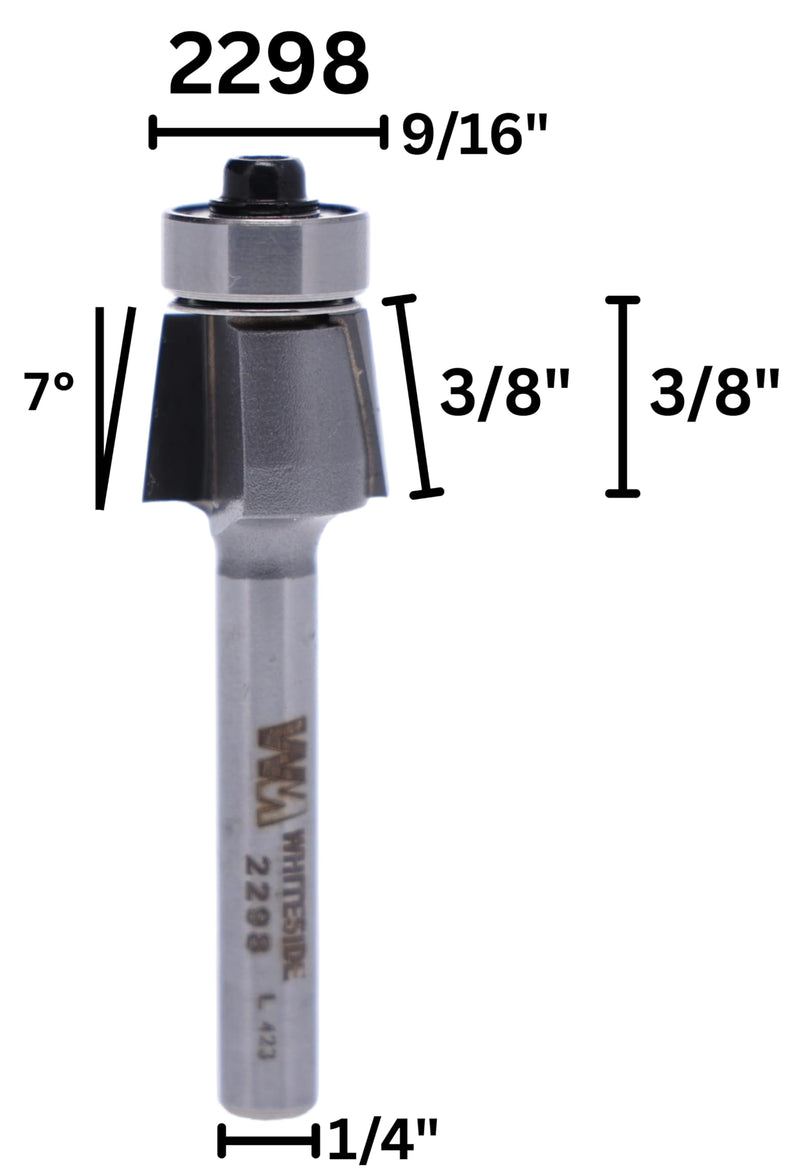 Whiteside 2298 Laminate Edge Bevel Router Bit: 7 Degree Angle, 7/16 Inch Cutting Length, 3/8 Inch Cutting Height, 1/4 Inch Shank, 9/16 Inch Large Diameter