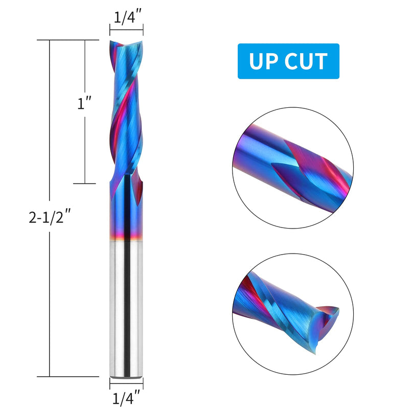 Upcut Spiral Router Bits 1/4 inch Shank, 1/4 inch Cutting Diameter Solid Carbide with Nano Blue Coating CNC Router Bits End Mill for Wood Cut, Carving, Edge Trimming UP CUT