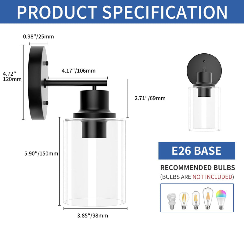 1-Light Bathroom Wall Sconce, Matte Black Vanity Light, Modern Wall Light Fixture with Clear Glass Shade and E26 Bulb Base, Wall Lamp Wall Mount Light Fixtures for Mirror, Bedroom, Hallway 1-Light